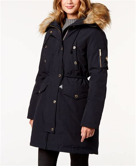 fur trimmed parka michael kors|Faux Fur Trim Ciré Belted Parka .